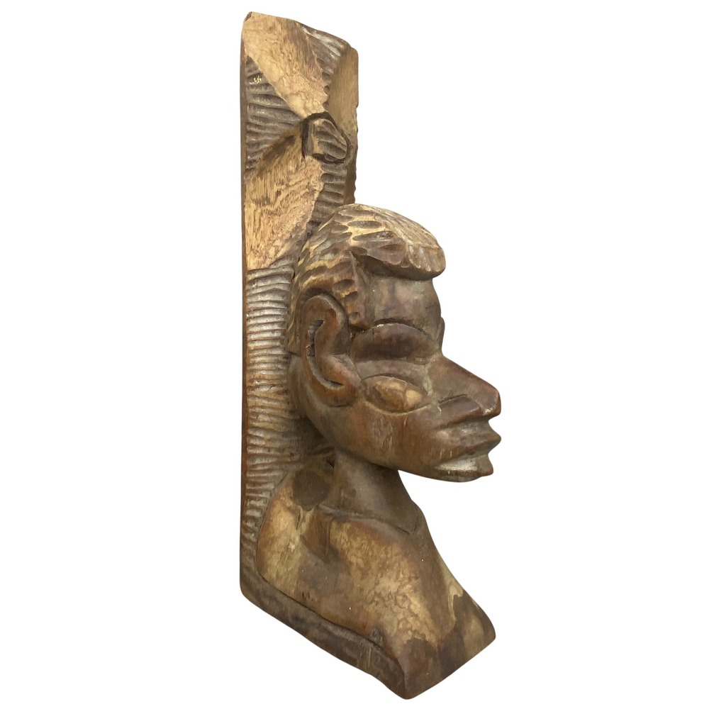 Vintage‎ Hand Carved Wood Bust Sculpture Art Figure African Tribal Folk Bookend